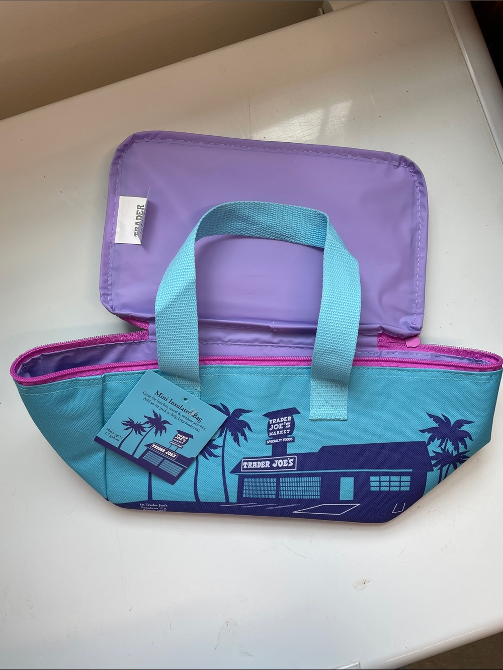Trader Joe's Coastal Blue Insulated Tote with Lilac Interior